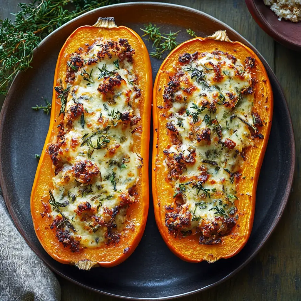 A plate of halved roasted butternut squash filled with a cheesy, herbed topping.