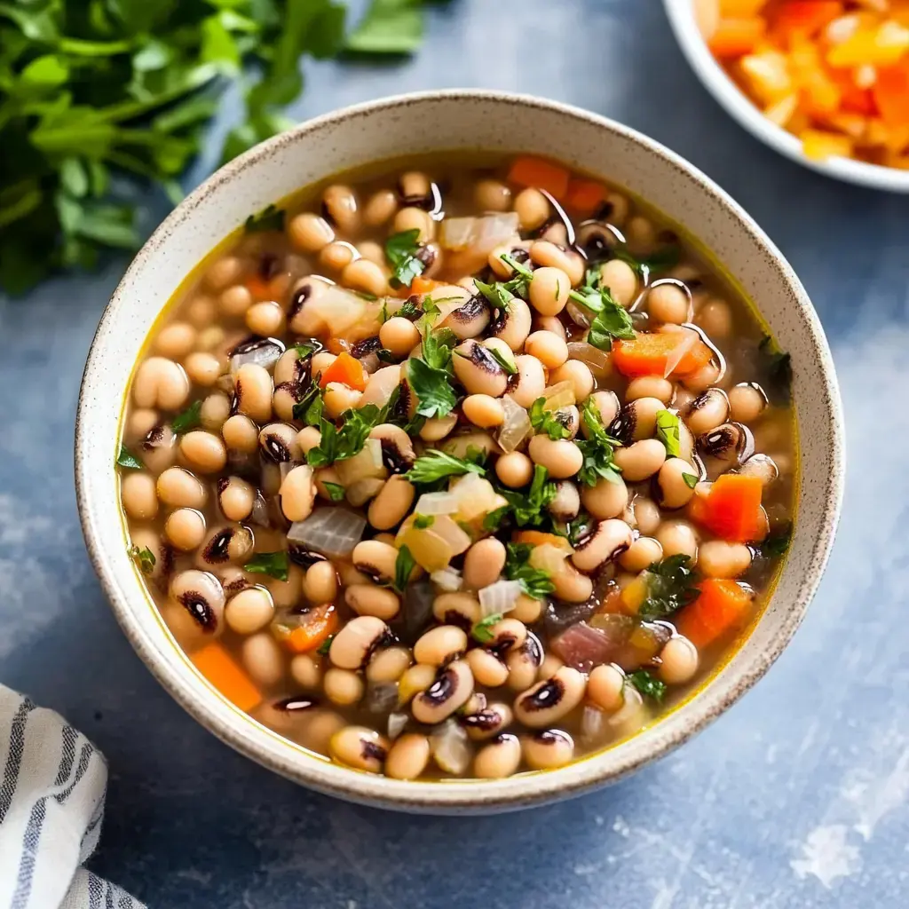 A bowl of black-eyed peas soup garnished with fresh parsley and diced vegetables, set against a blue background.