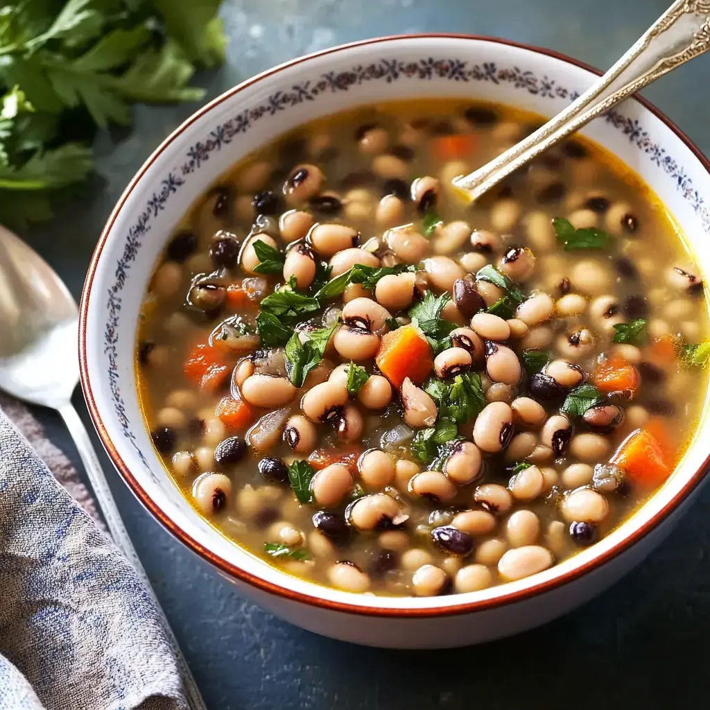 A bowl of black-eyed pea soup garnished with fresh cilantro and diced carrots, served on a rustic table.