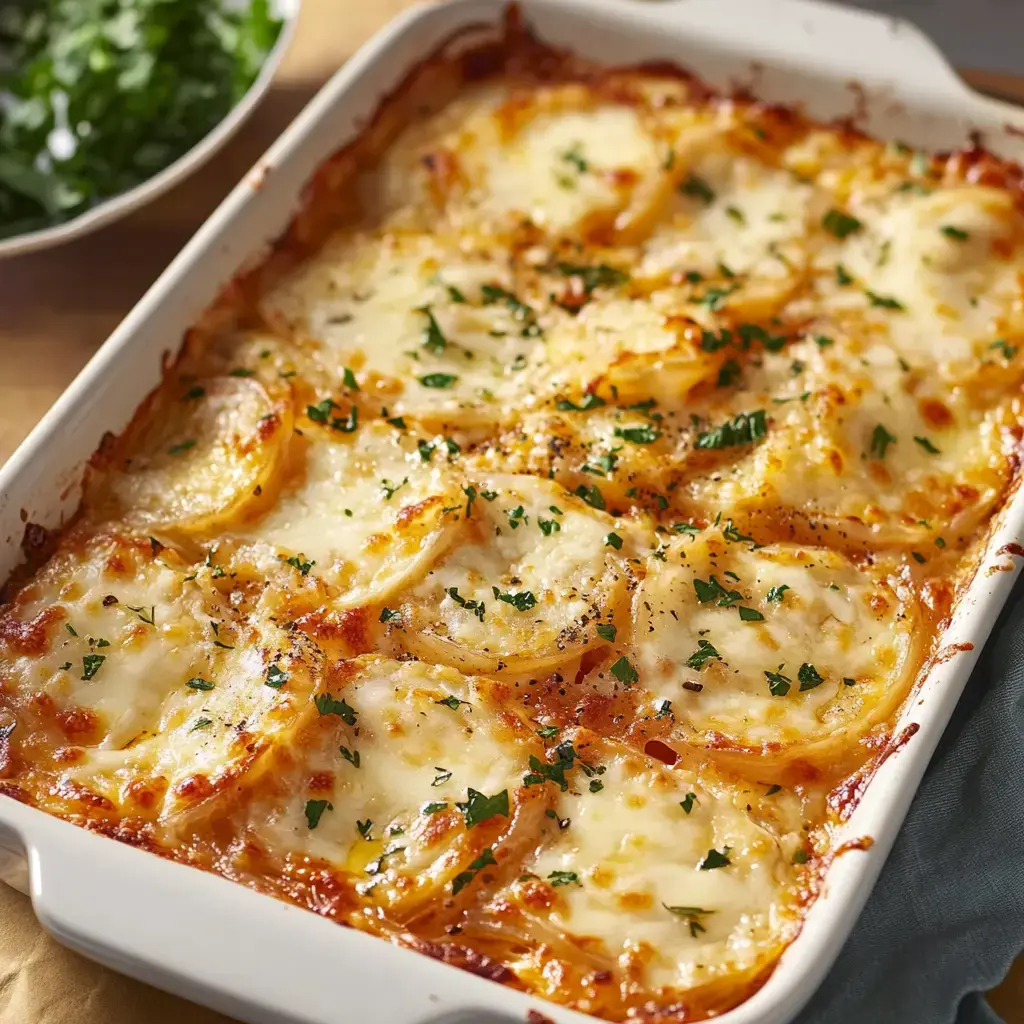 A close-up of a baked dish featuring layers of cheese and sliced potatoes, garnished with parsley, next to a bowl of fresh greens.