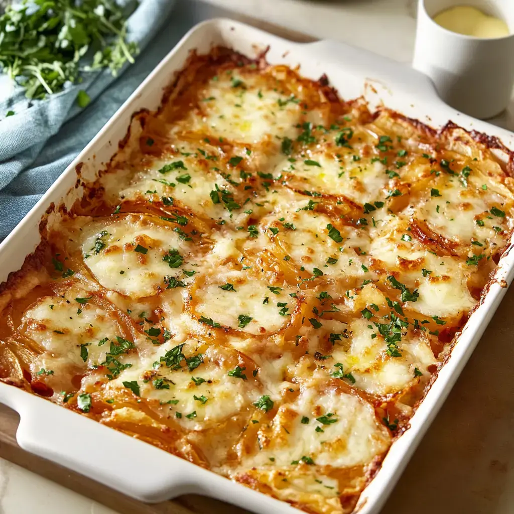 A baked dish with layers of cheese and parsley, served in a white casserole dish, accompanied by a side of fresh herbs and a small cup of sauce.