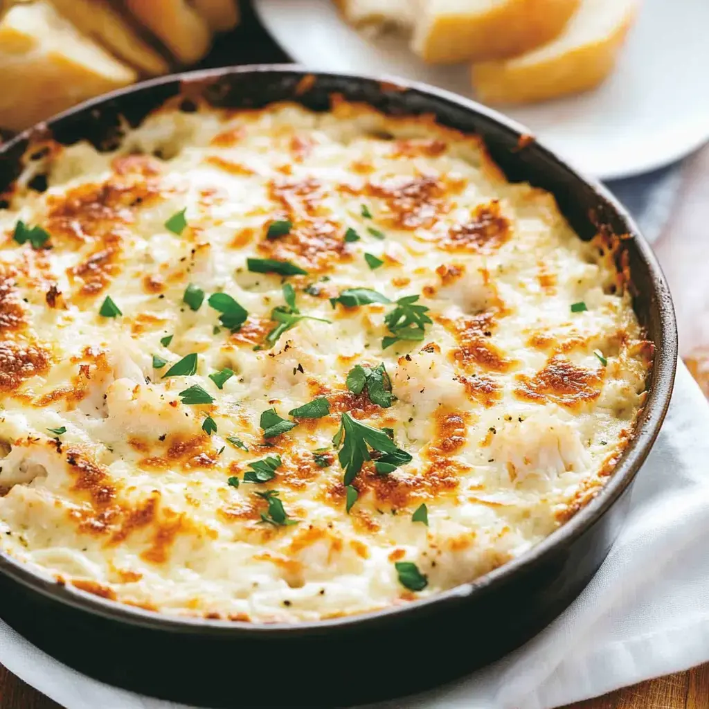 A golden-brown baked dish topped with melted cheese and garnished with fresh parsley, served alongside pieces of bread.