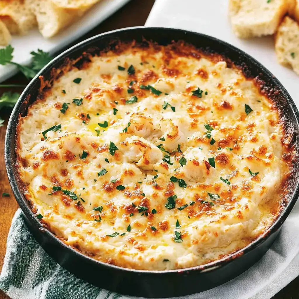 A baked cheesy dip topped with parsley and shrimp, served in a black dish alongside pieces of bread.