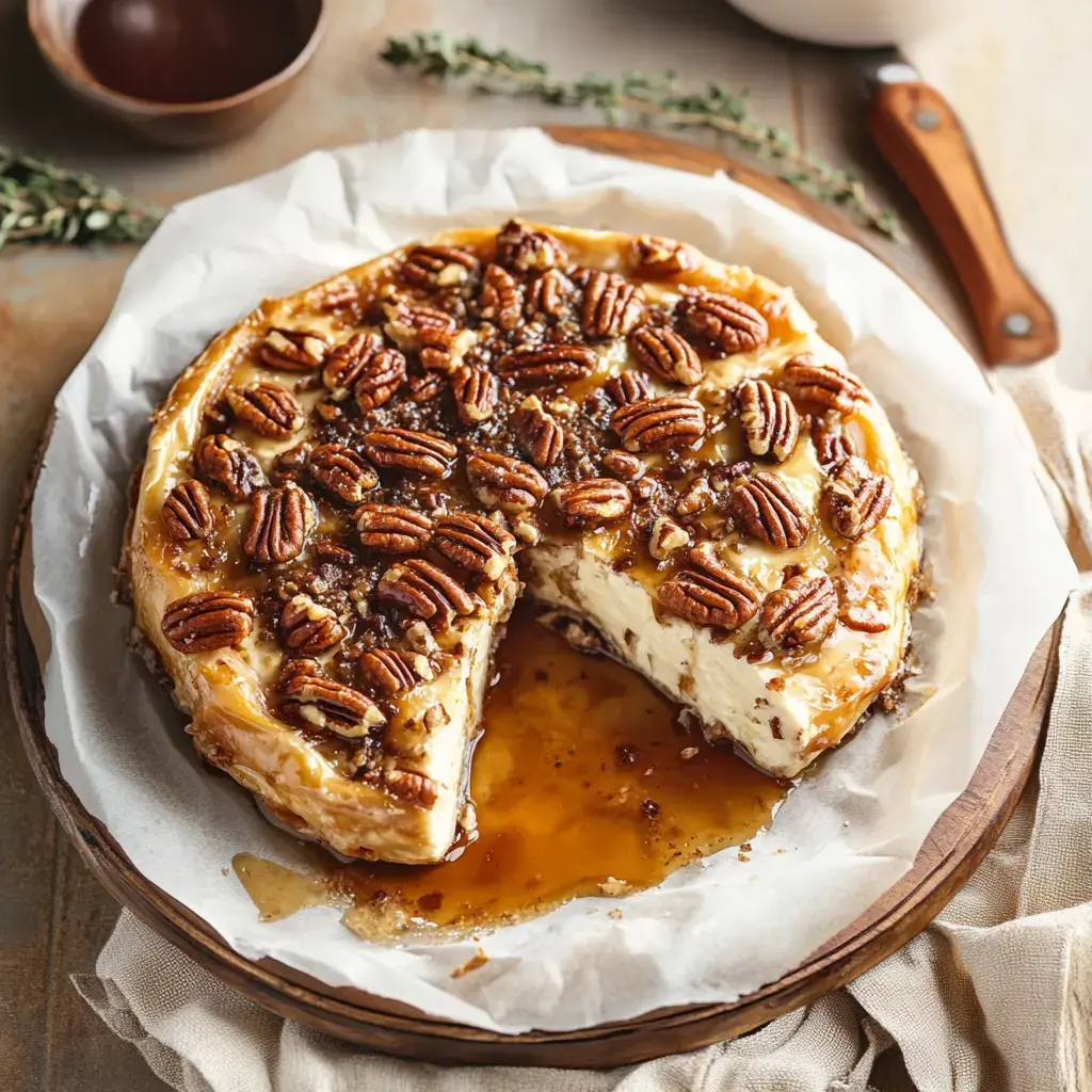 A pecan-topped cheesecake with a slice removed, sitting on a wooden serving platter.