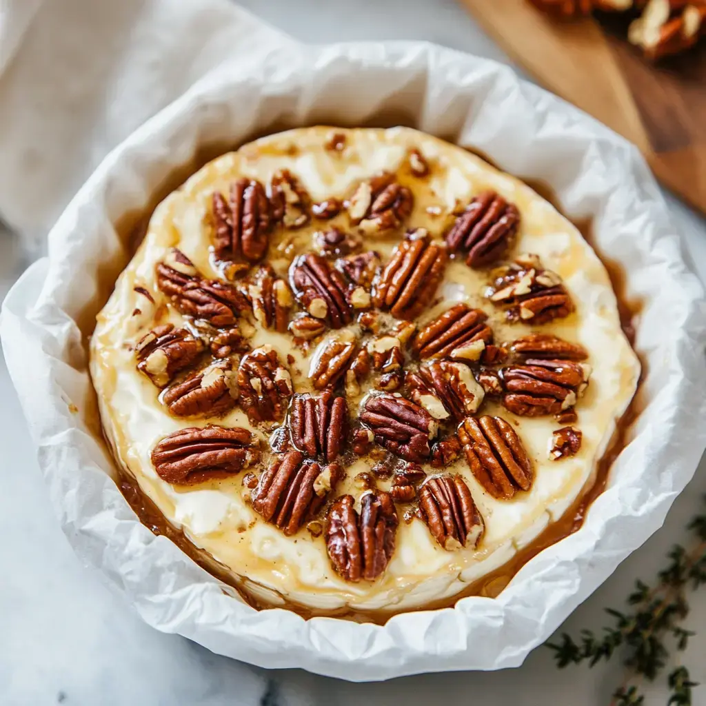 A close-up of a pecan pie topped with whole pecans in a parchment-lined baking dish.