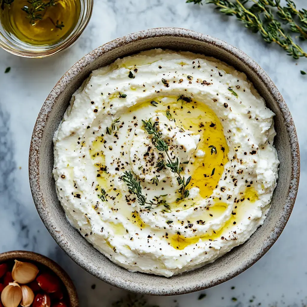 A close-up of a bowl filled with creamy ricotta cheese drizzled with olive oil, topped with thyme and black pepper, alongside a small bowl of garlic and cherry tomatoes.