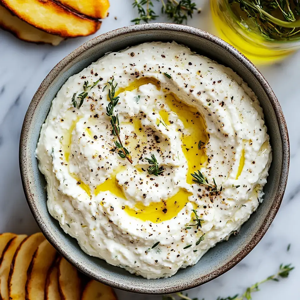 A bowl of creamy cheese dip drizzled with olive oil, sprinkled with black pepper, and garnished with fresh thyme, accompanied by grilled bread slices.