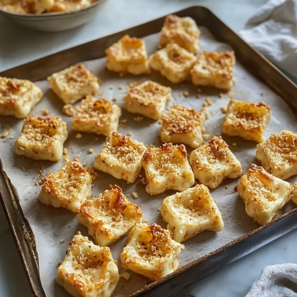 A tray of golden-baked square treats topped with breadcrumbs sits on parchment paper.