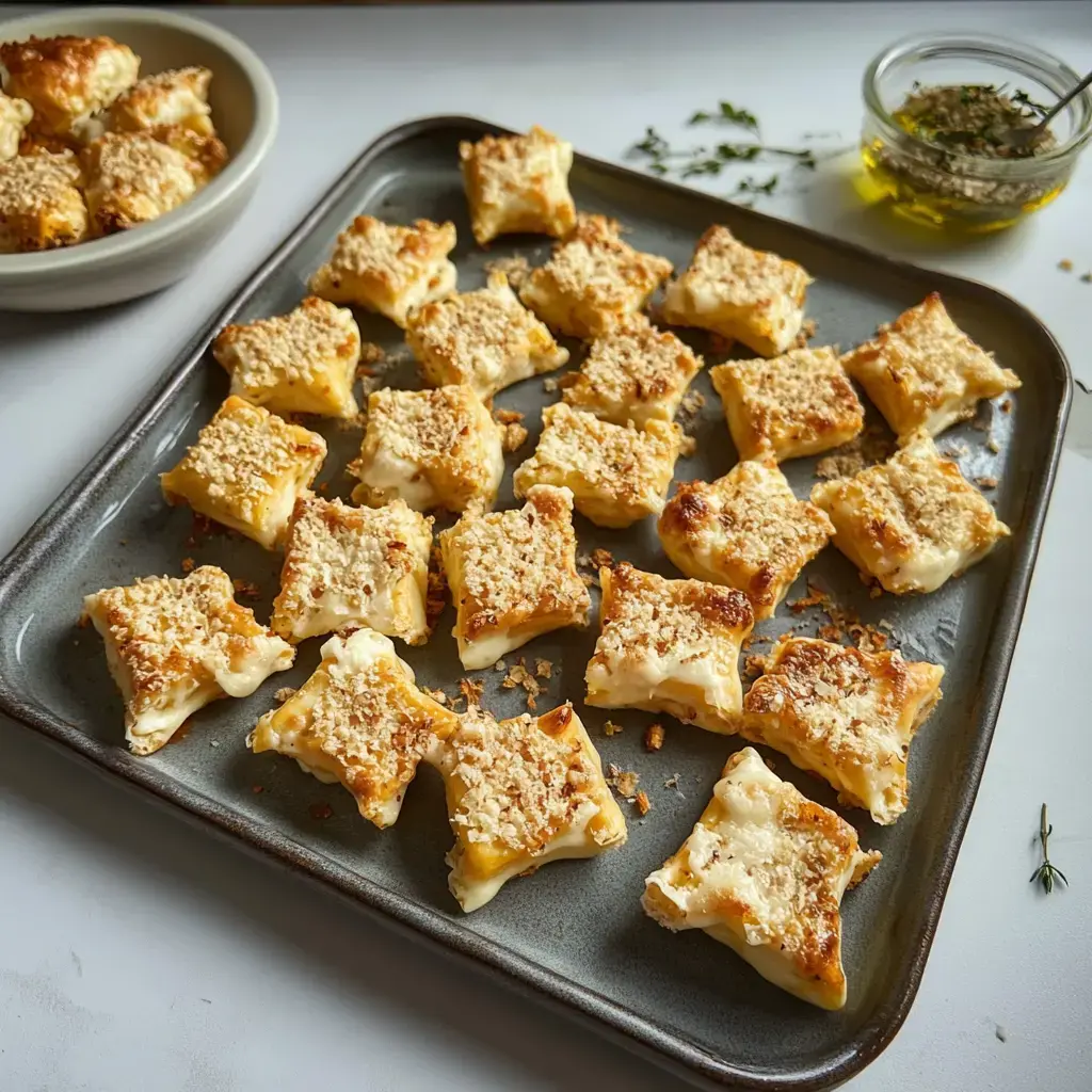 A tray of golden-brown cheese-filled pastries topped with breadcrumbs, accompanied by a small bowl of olive oil and herbs.