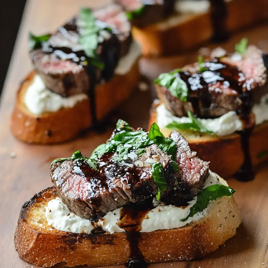 A close-up of toasted bread topped with creamy cheese, slices of pink cooked steak, fresh basil, and a drizzle of balsamic sauce.