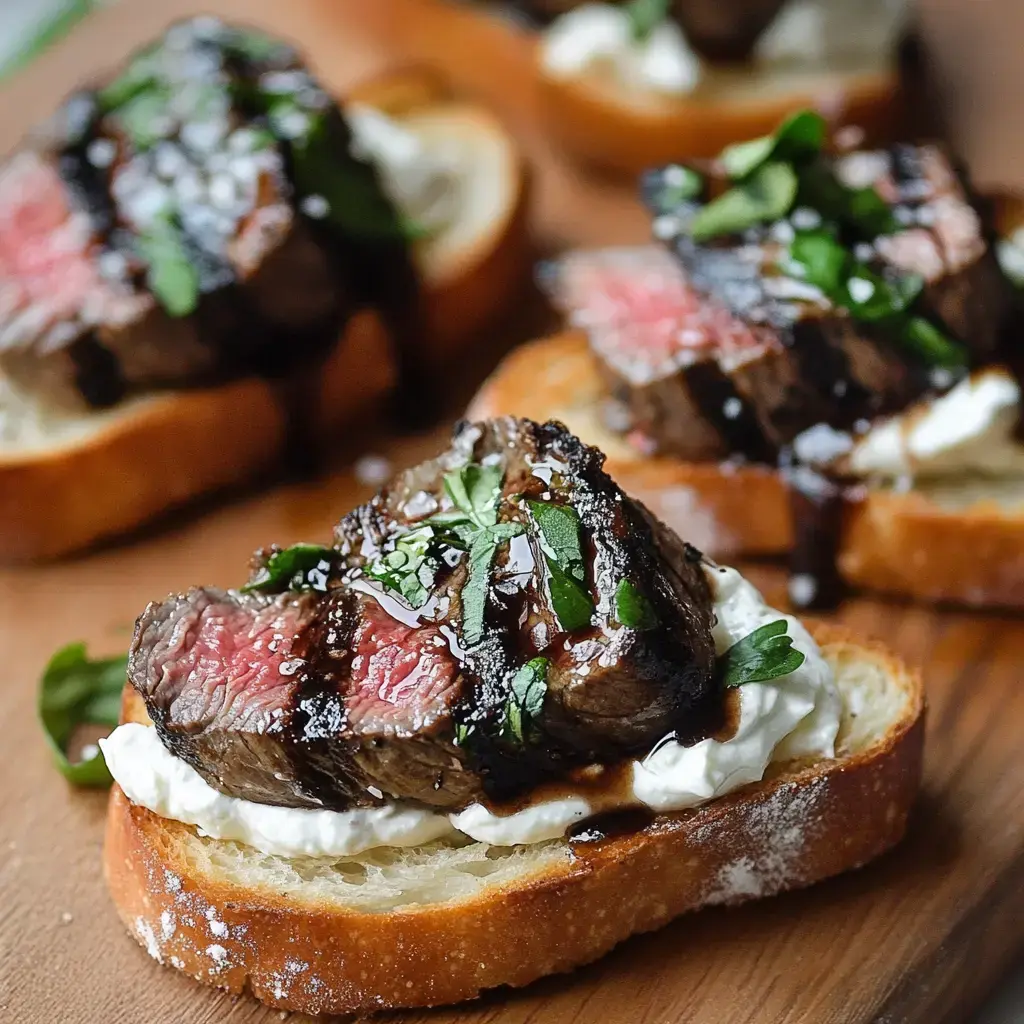 Slices of grilled steak topped with herbs and balsamic glaze on toasted bread with a creamy spread.