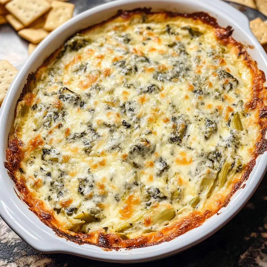 A creamy, baked spinach and artichoke dip with a golden, bubbly cheese topping, served in a white dish alongside crackers.