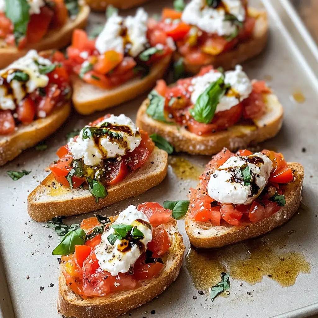 A close-up image of toasted bread slices topped with diced tomatoes, fresh basil, dollops of ricotta cheese, and drizzled with balsamic glaze.