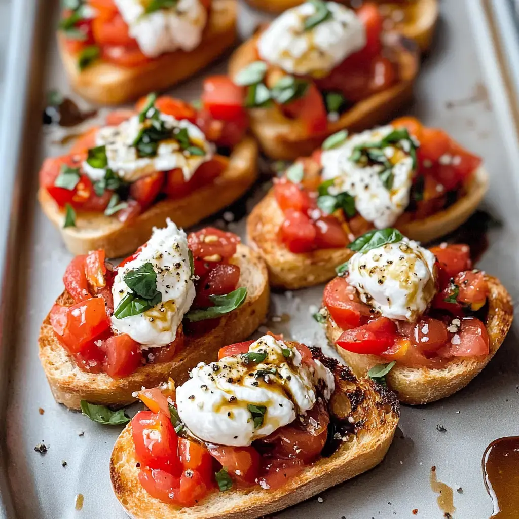 A tray of toasted bread slices topped with diced tomatoes, fresh basil, and dollops of creamy cheese, drizzled with balsamic glaze.