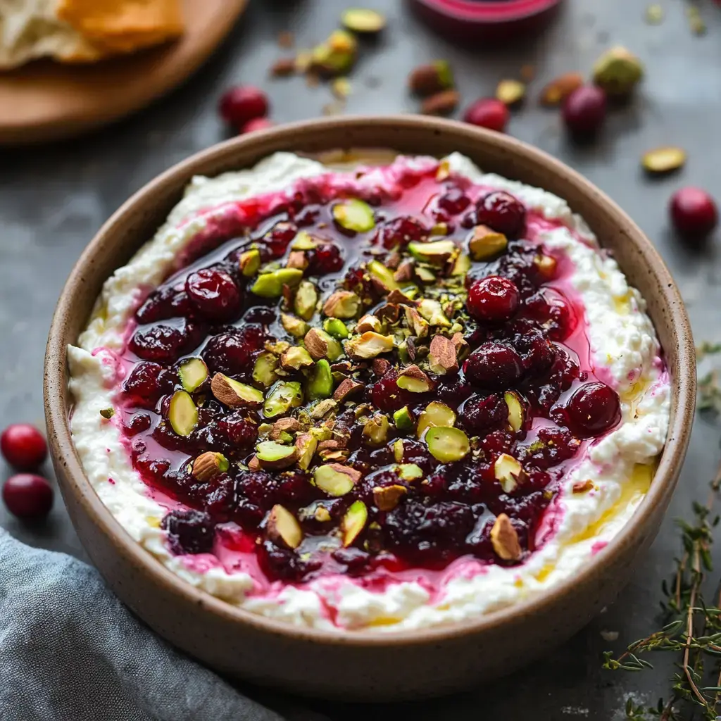 A bowl of creamy cheese topped with cranberry sauce and chopped pistachios, surrounded by garnishes and a piece of bread in the background.