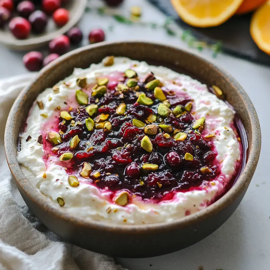 A bowl of creamy yogurt is topped with a layer of cranberry sauce and sprinkled with chopped pistachios, set against a backdrop of scattered cranberries and citrus slices.