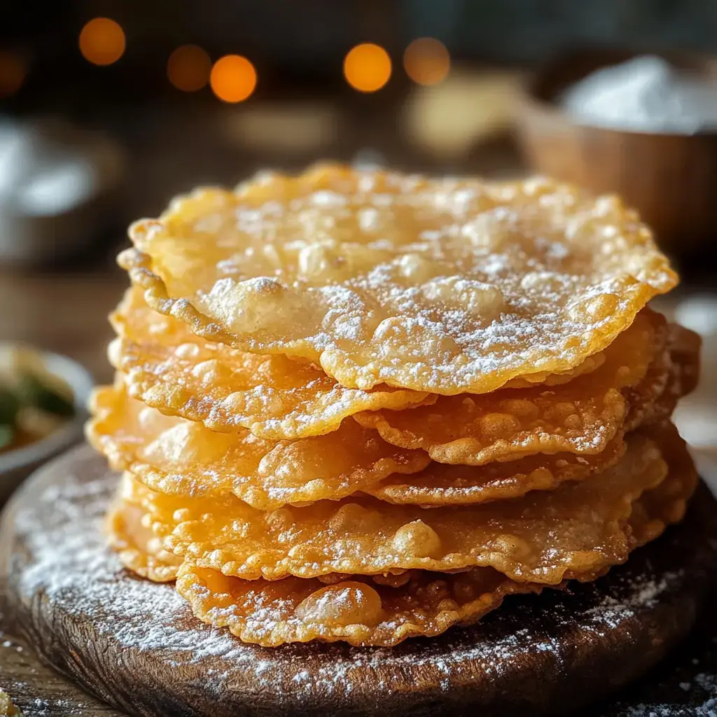 A stack of golden, crispy dessert wafers dusted with powdered sugar sits atop a wooden platter.