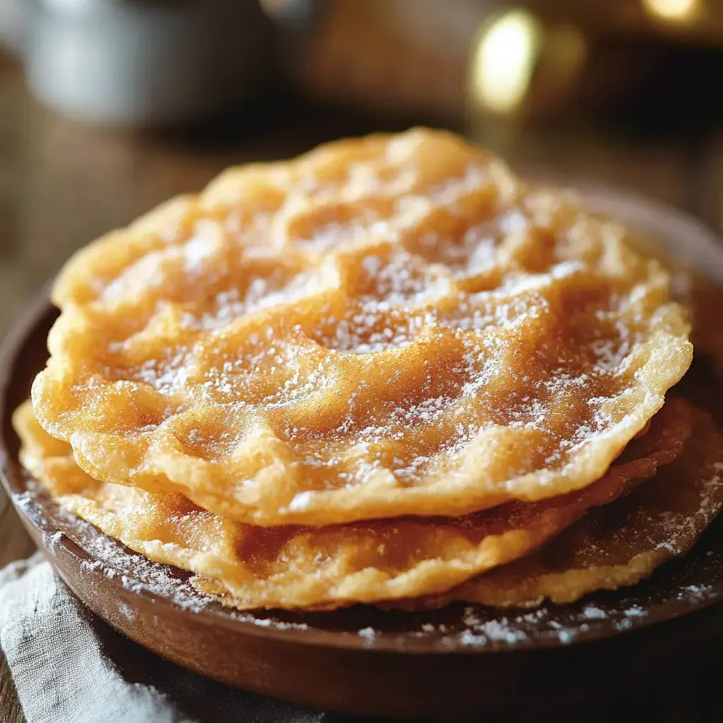 A close-up of a plate stacked with three golden, crispy desserts dusted with powdered sugar.