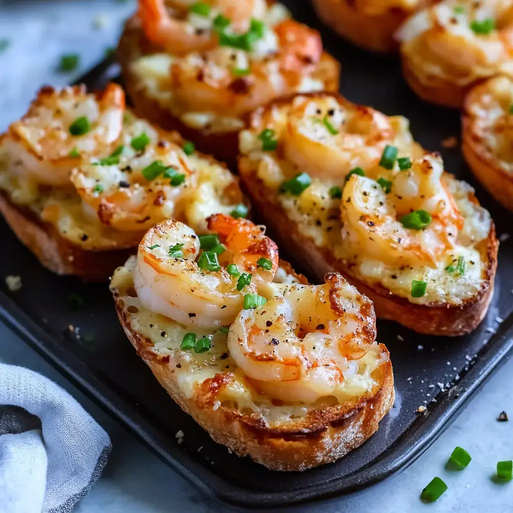 A close-up of sliced, toasted bread topped with grilled shrimp and garnished with green onions.