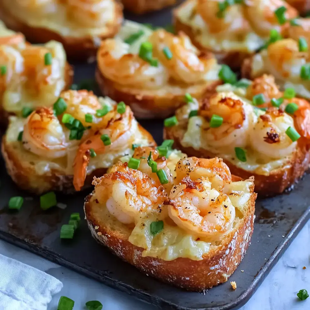 A close-up of toasted bread topped with melted cheese, succulent shrimp, and garnished with chopped green onions.