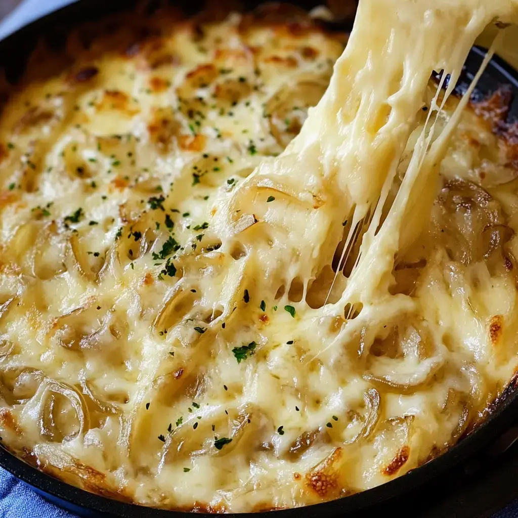 A cheesy baked dish with melted cheese and caramelized onions, being pulled from a skillet.