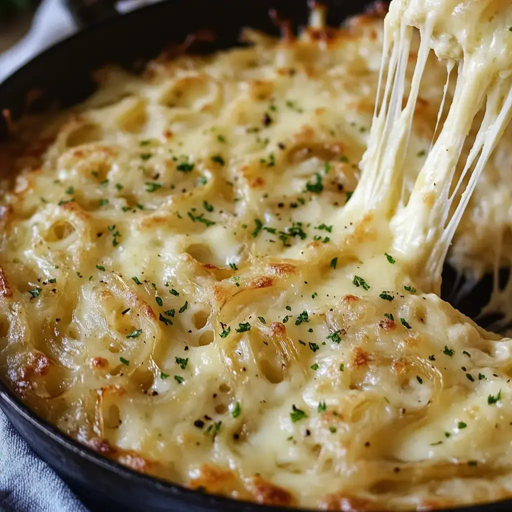 A creamy, cheesy pasta dish is baked to a golden brown, with gooey cheese stretching as it is pulled from the pan.