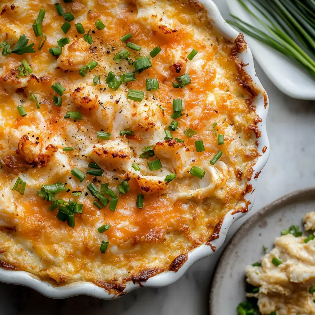 A golden-brown creamy seafood casserole topped with melted cheese and garnished with chopped chives.