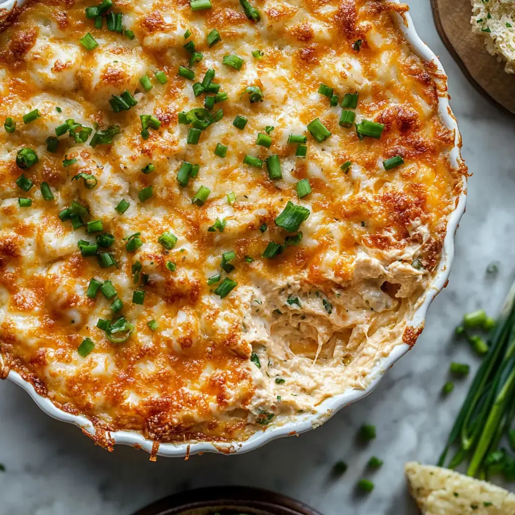 A creamy, cheesy baked dish topped with golden brown melted cheese and garnished with chopped green onions.