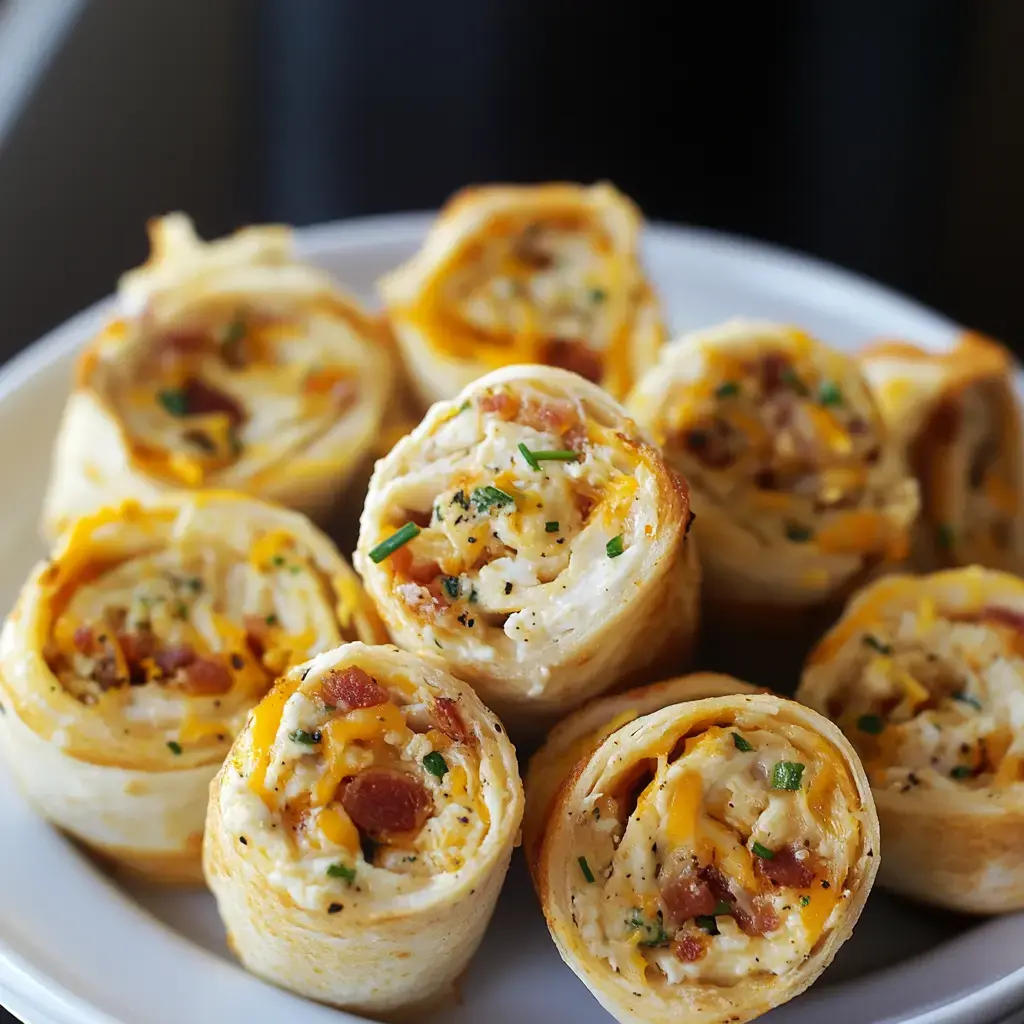 A plate of rolled tortillas filled with cheese, bacon, and herbs, presented in a close-up arrangement.