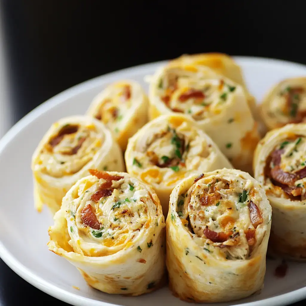 A plate of sliced, rolled tortillas filled with creamy ingredients, herbs, and pieces of bacon.