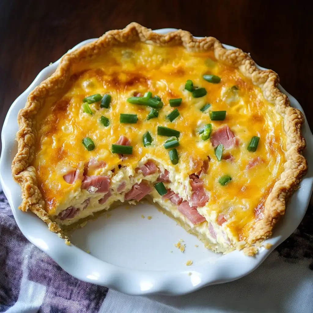 A baked quiche with a golden crust filled with ham and topped with chopped green onions has a slice removed.