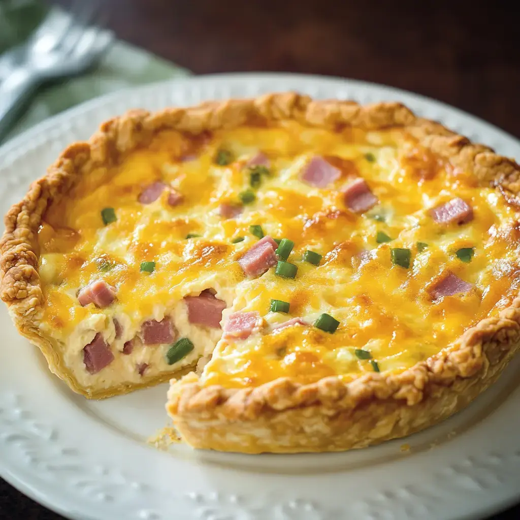 A slice of ham and cheese quiche is served on a white plate, with green onions sprinkled on top.