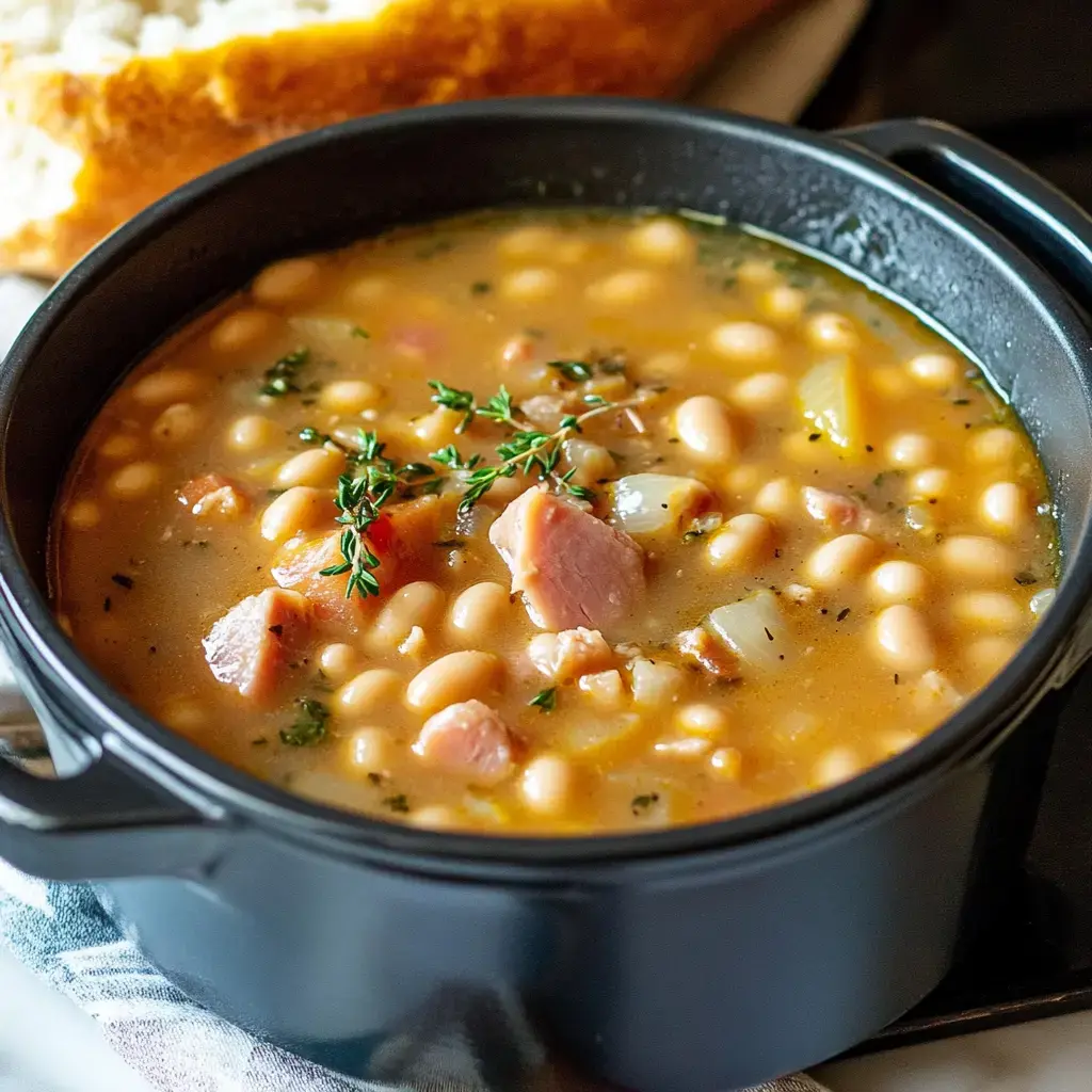 A hearty bowl of white bean soup with diced ham and thyme, accompanied by a slice of bread.