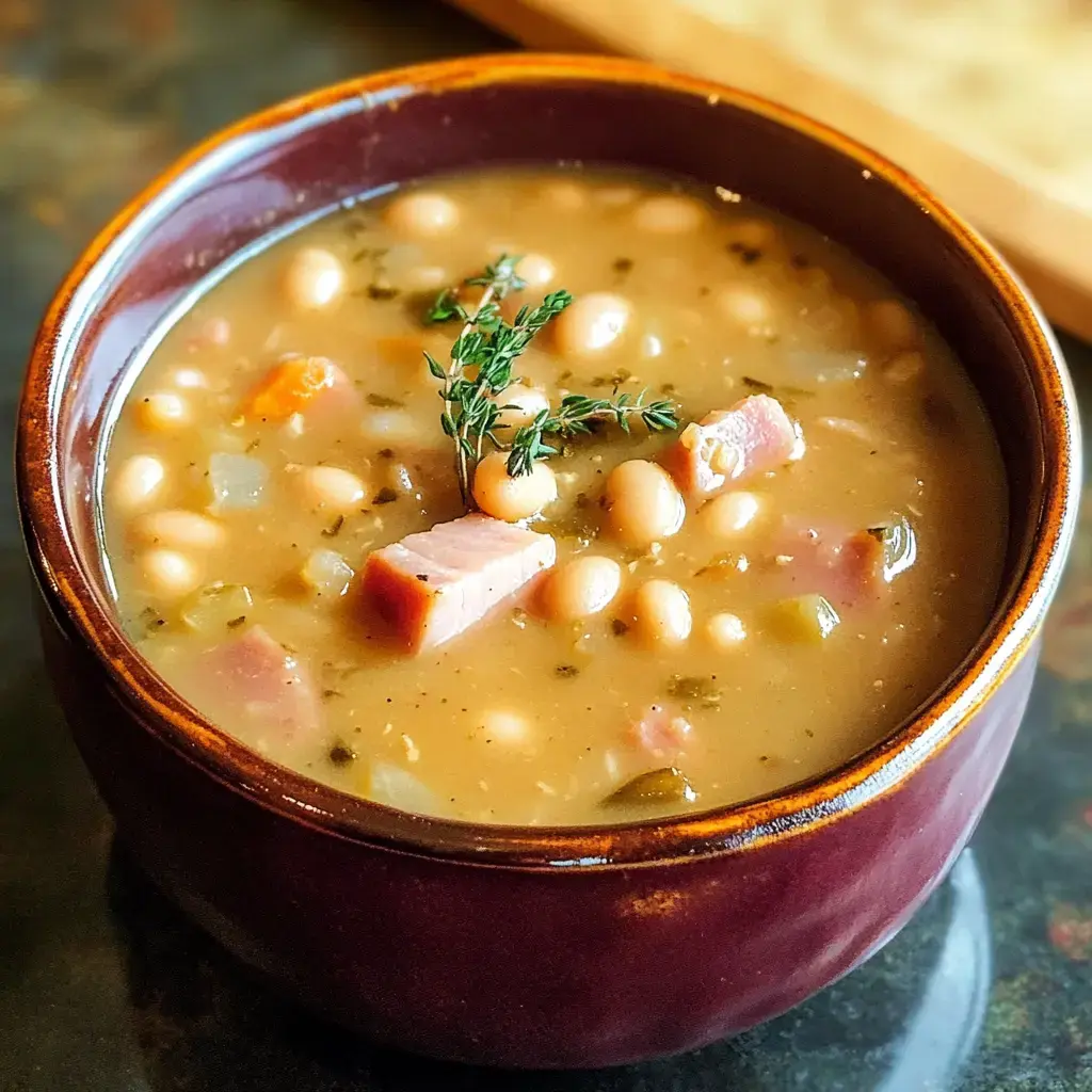 A close-up of a bowl of hearty white bean soup with pieces of ham and a sprig of thyme on top.