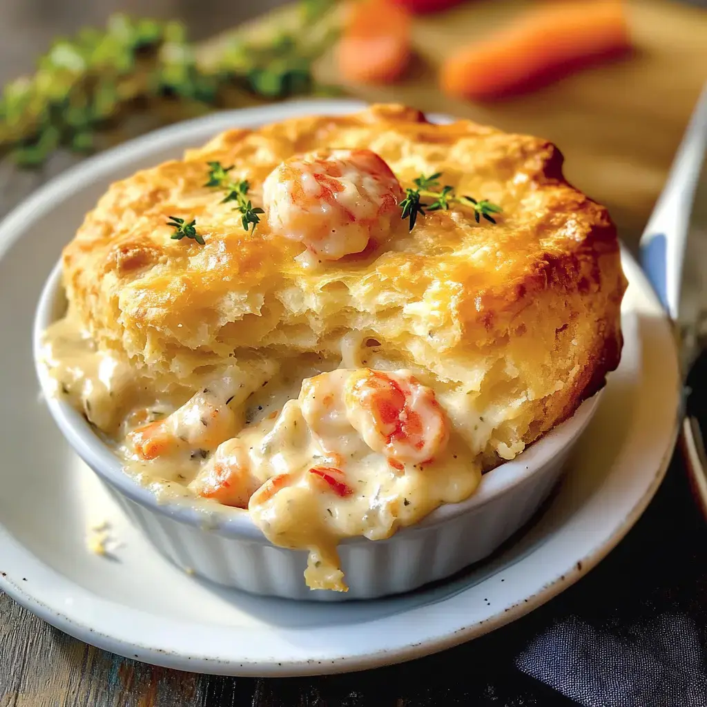 A creamy shrimp pot pie topped with a golden biscuit, garnished with fresh thyme.