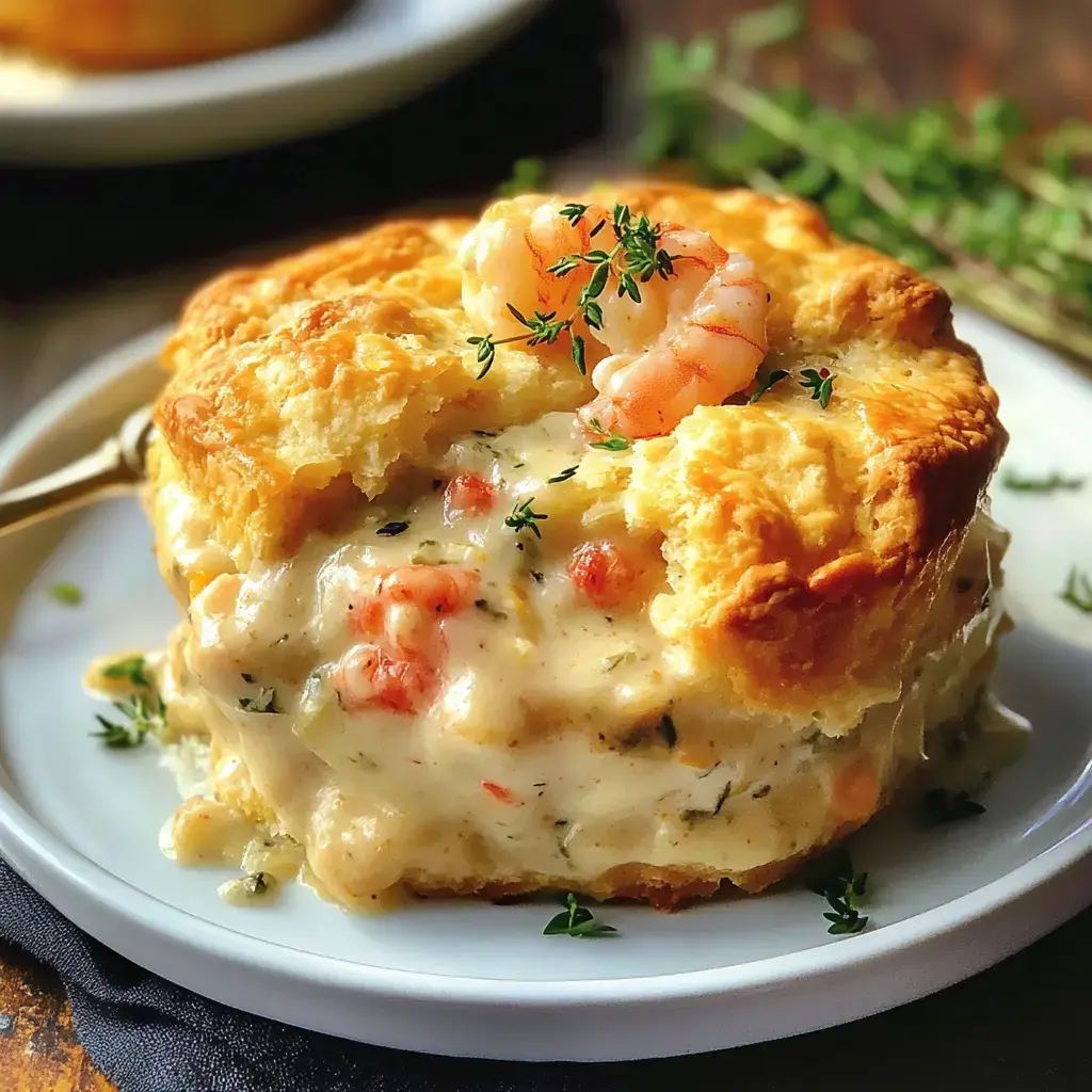 A golden biscuit filled with creamy shrimp and herbs, garnished with a sprig of thyme.