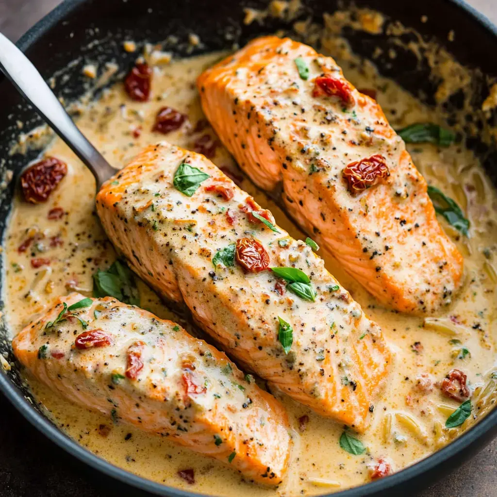 Three salmon fillets topped with creamy sauce and garnished with sun-dried tomatoes and herbs are served in a frying pan.