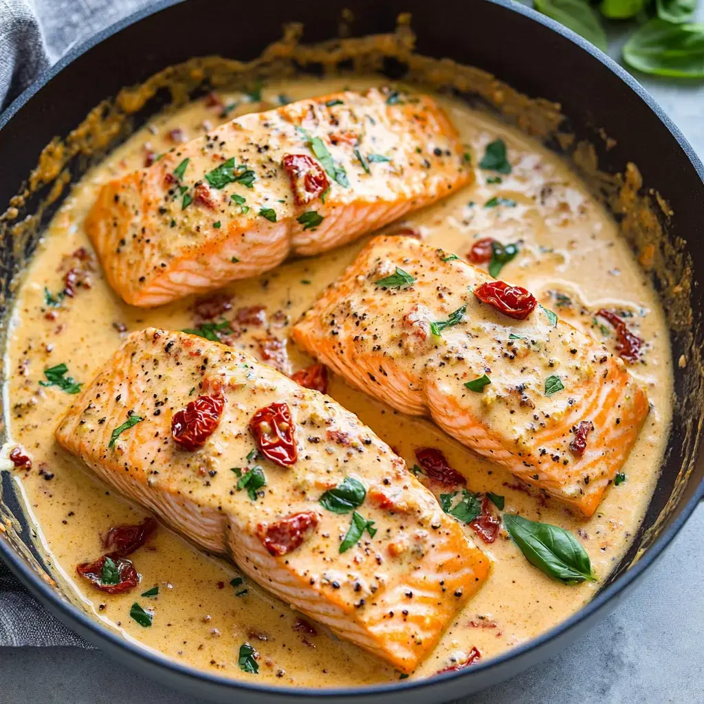 Three pieces of salmon fillet are cooked in a creamy sauce with sun-dried tomatoes and garnished with herbs in a frying pan.