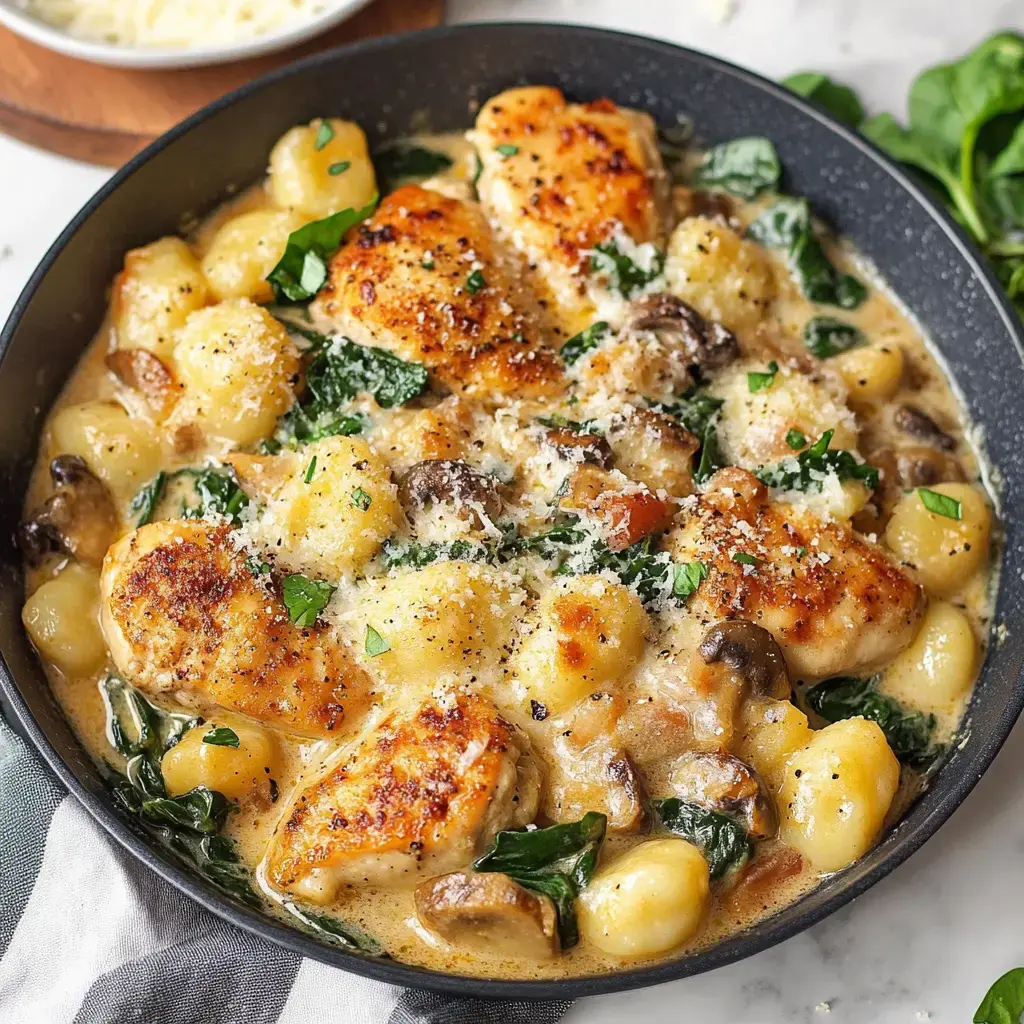 A skillet filled with creamy gnocchi, sautéed chicken pieces, spinach, and mushrooms, topped with grated cheese and fresh herbs.