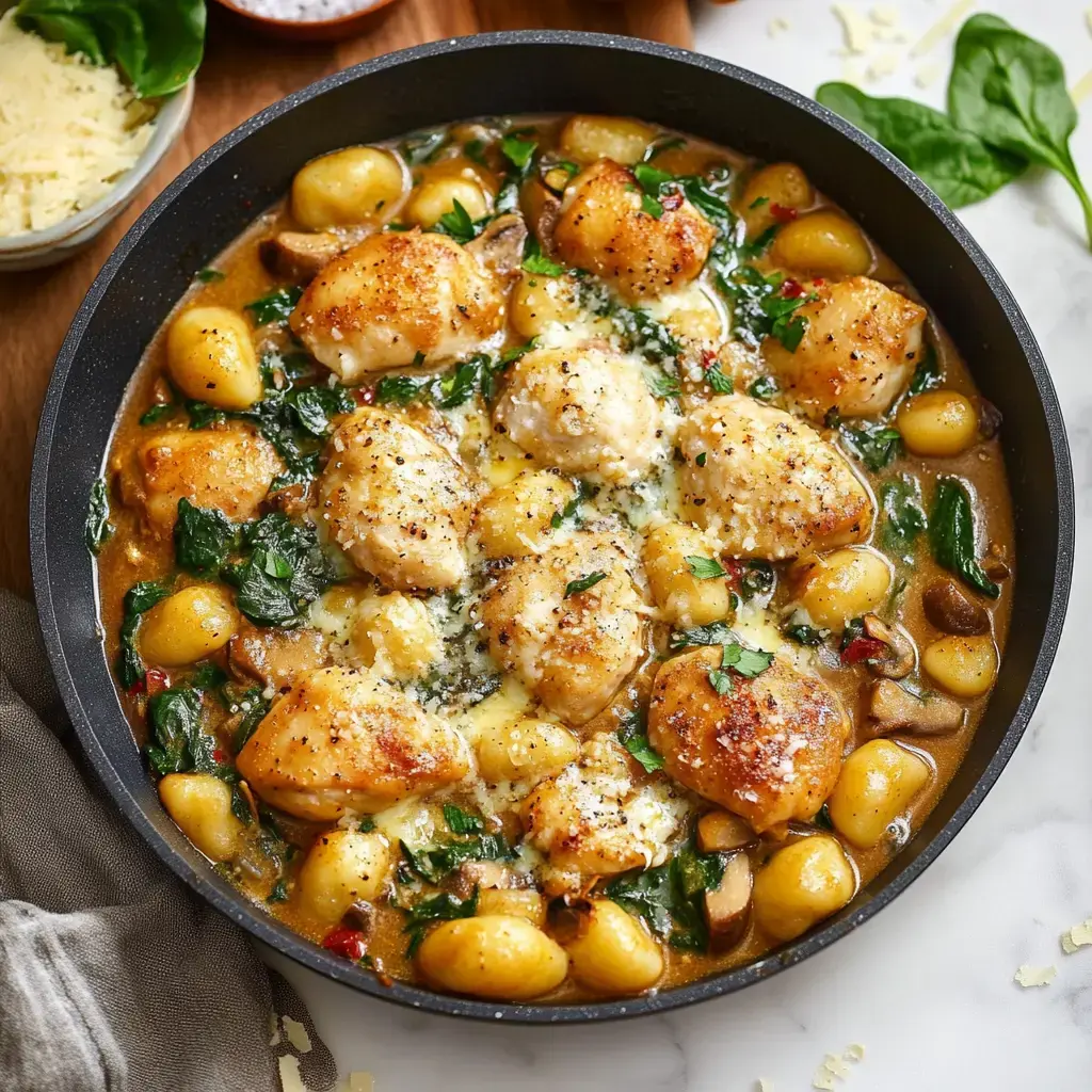 A close-up of a skillet filled with golden-brown chicken thighs, gnocchi, spinach, and mushrooms in a creamy sauce, garnished with cheese and herbs.