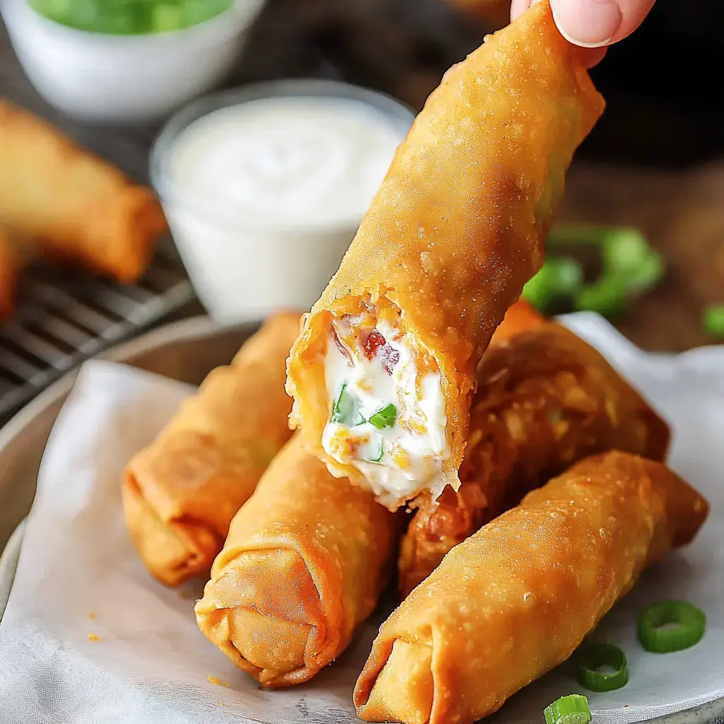 A hand holds a crispy, golden spring roll with a creamy filling, surrounded by more spring rolls and a small bowl of dipping sauce.