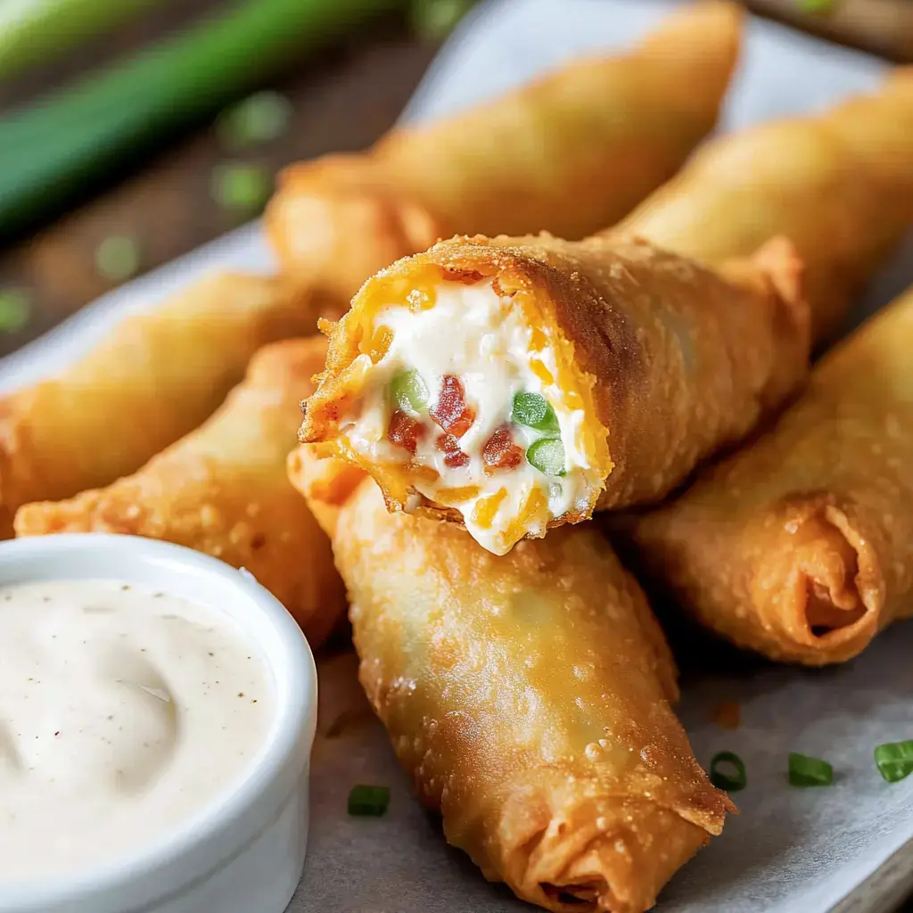 A close-up of crispy fried egg rolls filled with creamy cheese, bacon, and green onions, accompanied by a side of dipping sauce.