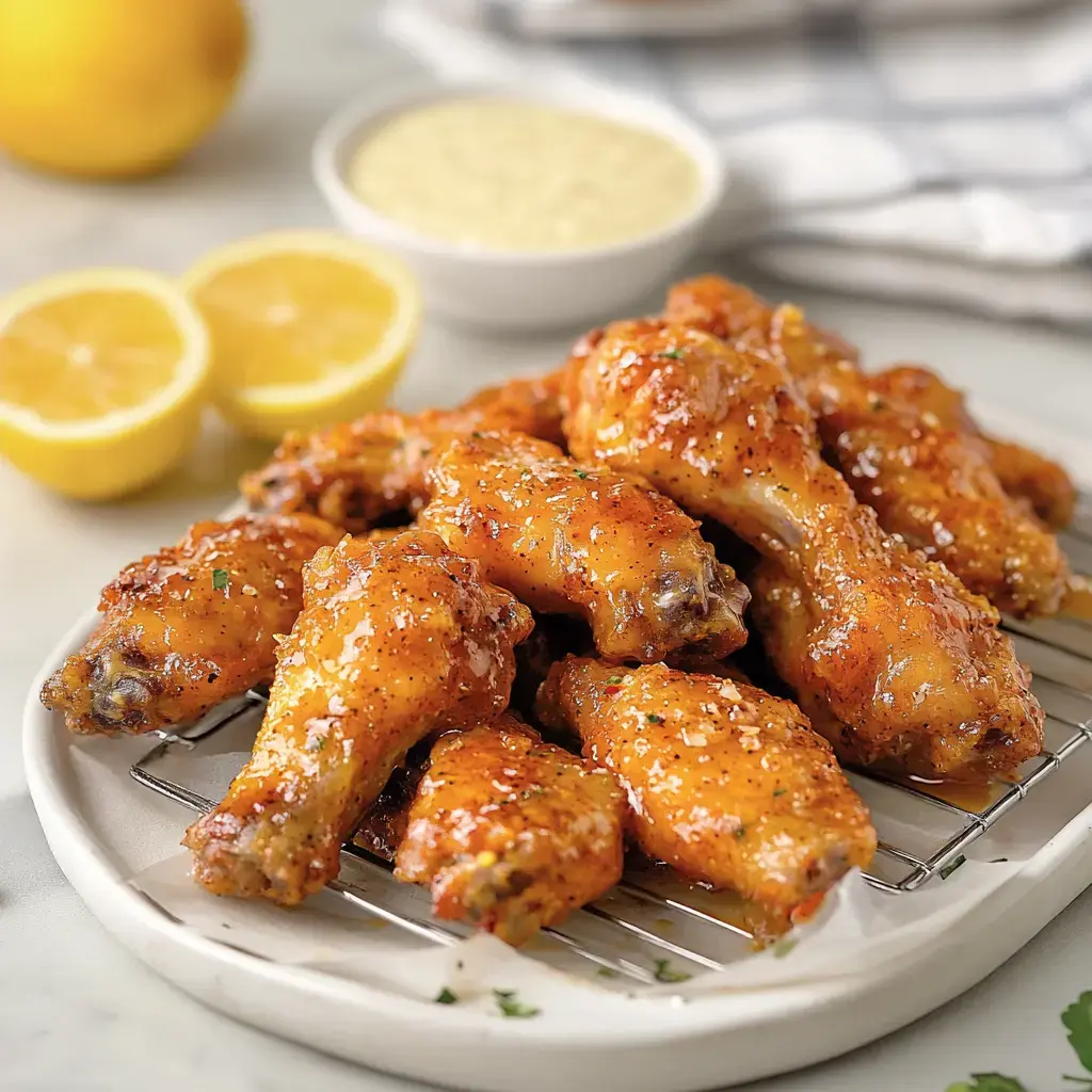 A plate of glazed chicken wings garnished with herbs, accompanied by lemon halves and a small bowl of dipping sauce.