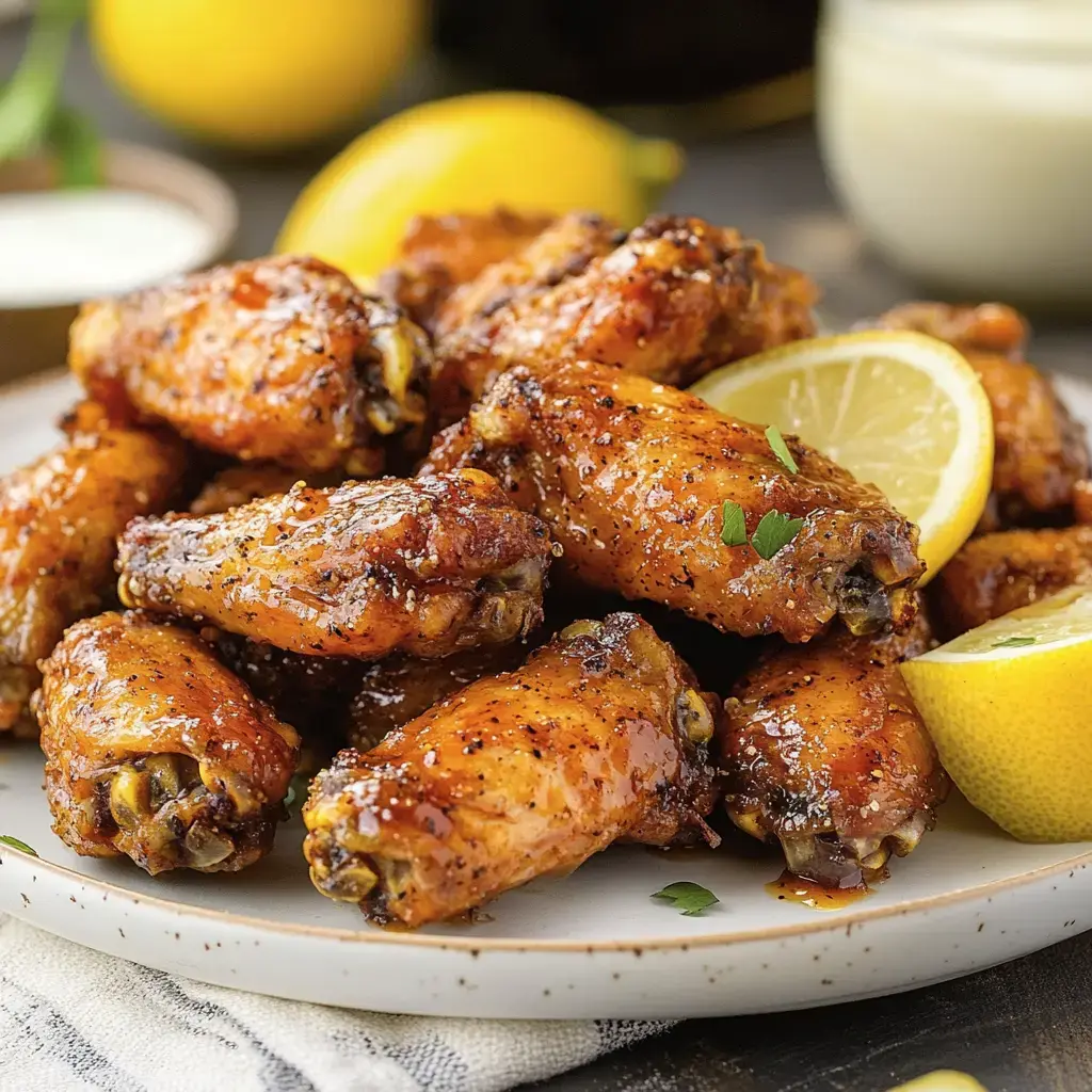 A plate of golden-brown chicken wings garnished with lemon slices and parsley.