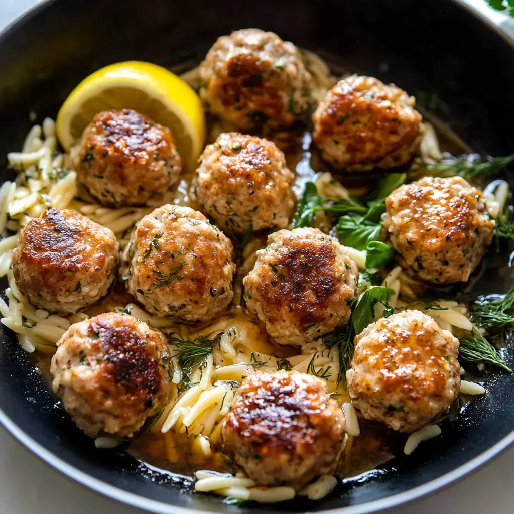 A skillet filled with golden-brown meatballs served on a bed of orzo pasta, garnished with fresh herbs and a lemon wedge.