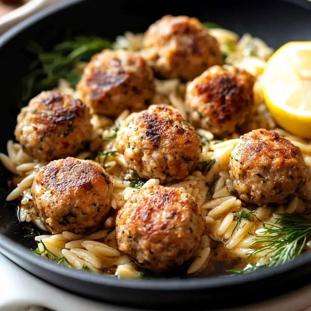 A close-up view of a skillet filled with browned meatballs served over orzo pasta, garnished with fresh dill and accompanied by a lemon wedge.