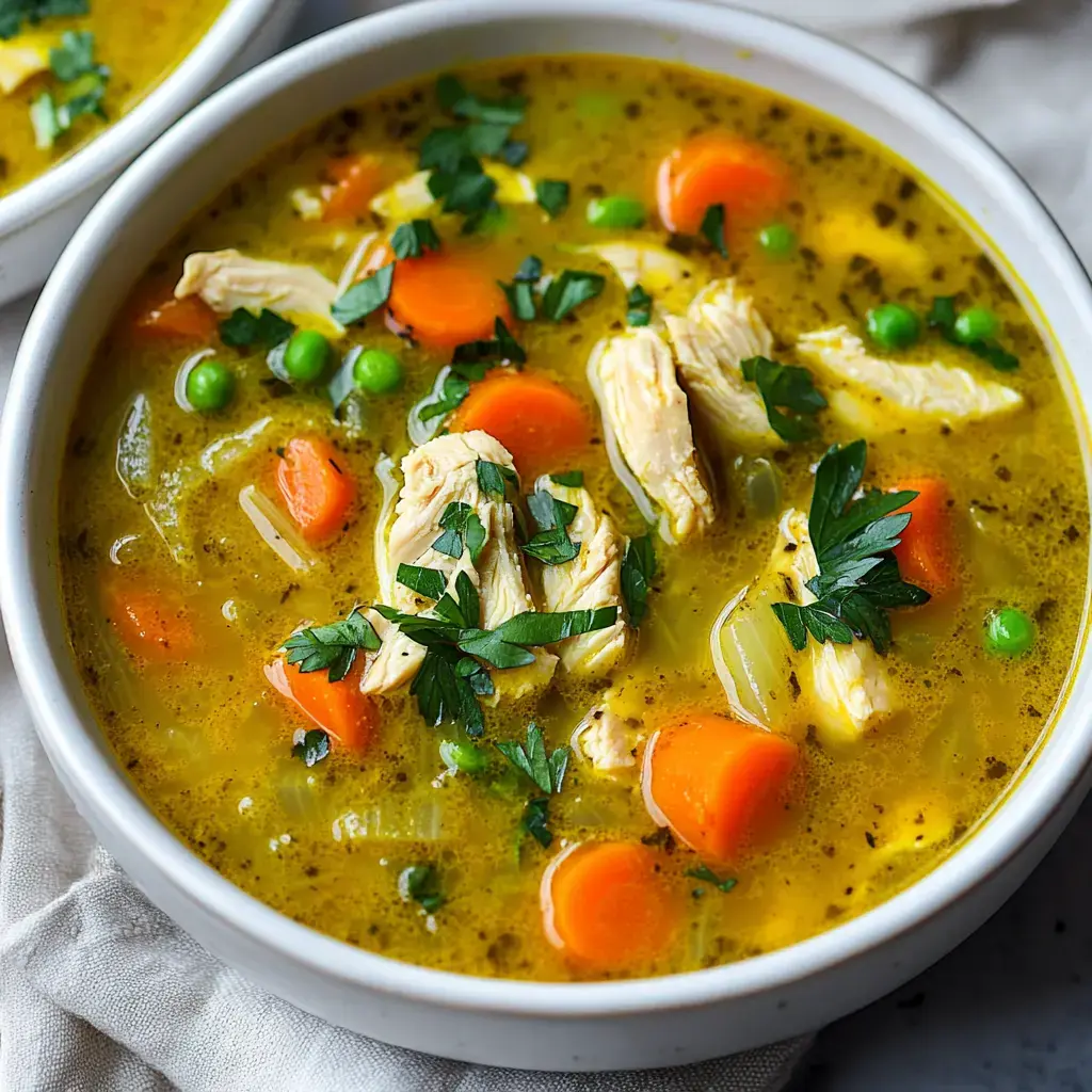 A bowl of chicken soup filled with shredded chicken, carrots, peas, and parsley in a flavorful broth.