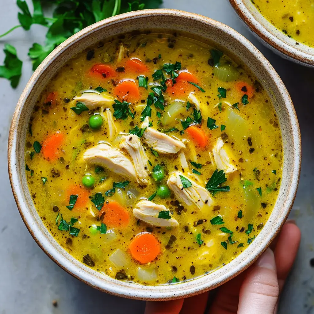 A bowl of vibrant chicken soup with shredded chicken, carrots, peas, and herbs garnished on top.