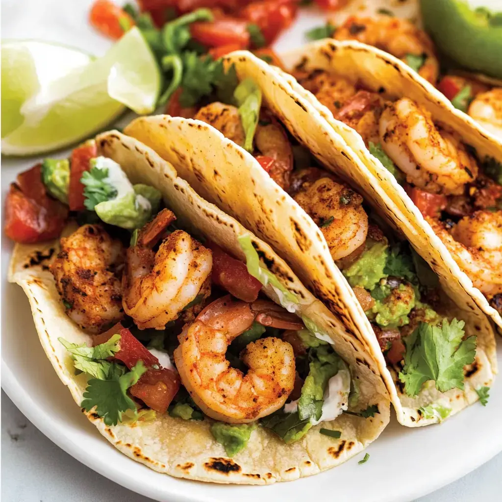 Three shrimp tacos filled with seasoned shrimp, diced tomatoes, guacamole, and cilantro, served with lime wedges.