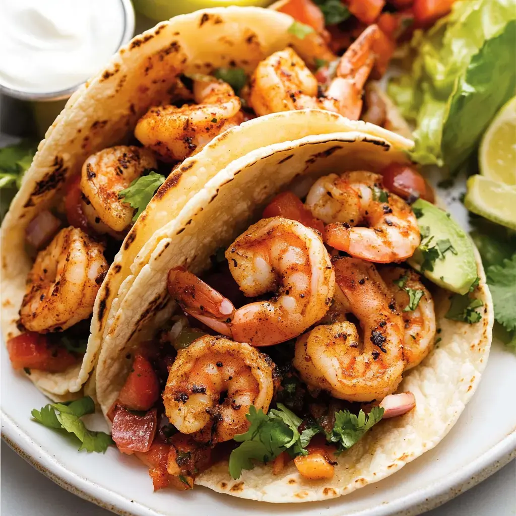 A close-up of shrimp tacos filled with seasoned shrimp, diced tomatoes, cilantro, and avocado, served with lime wedges and a side of sour cream.